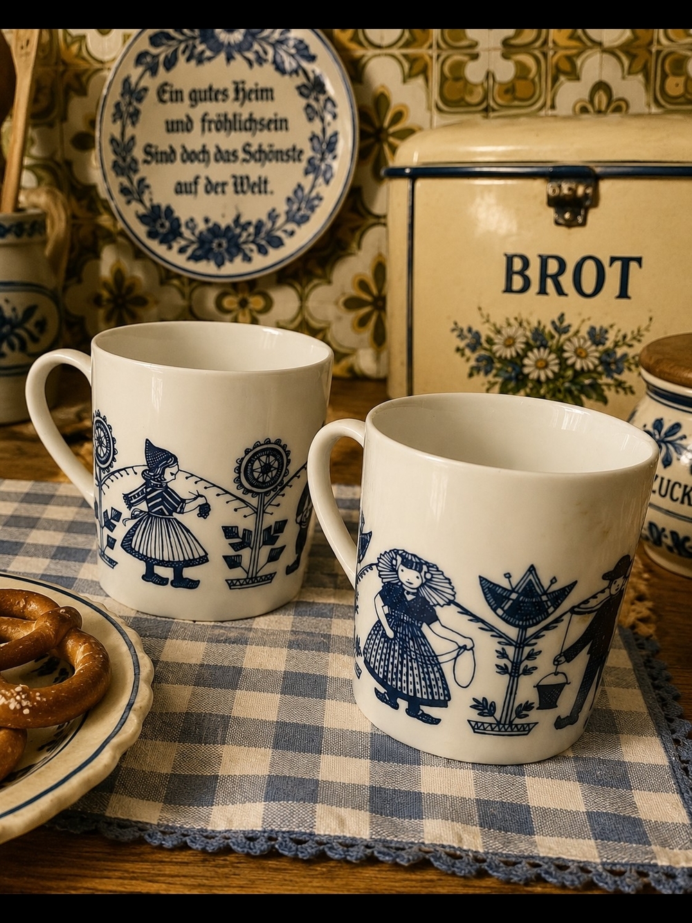 Vintage Seltmann Weiden Bavaria Mugs Pair Blue White German Folk Art 2.75"